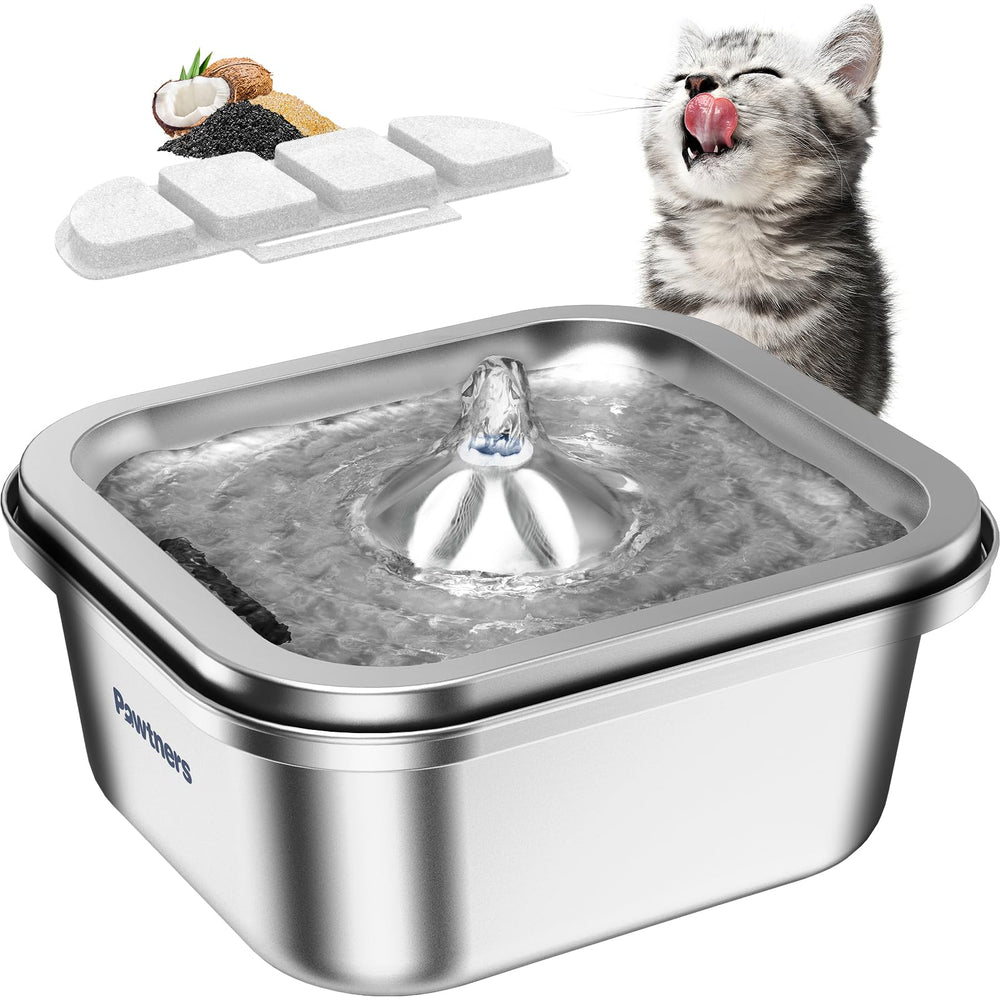 Pawtners cat water fountain stainless steel front view highlights durable, dishwasher-safe construction for daily use.
