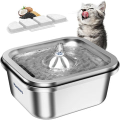Pawtners cat water fountain stainless steel front view highlights durable, dishwasher-safe construction for daily use.