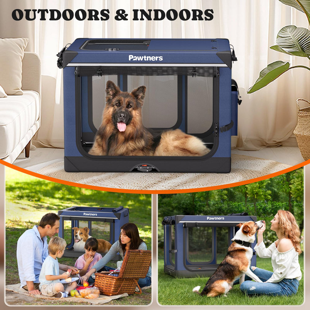 Pawtners collapsible dog crate indoors-outdoors-usage supports home and travel needs.