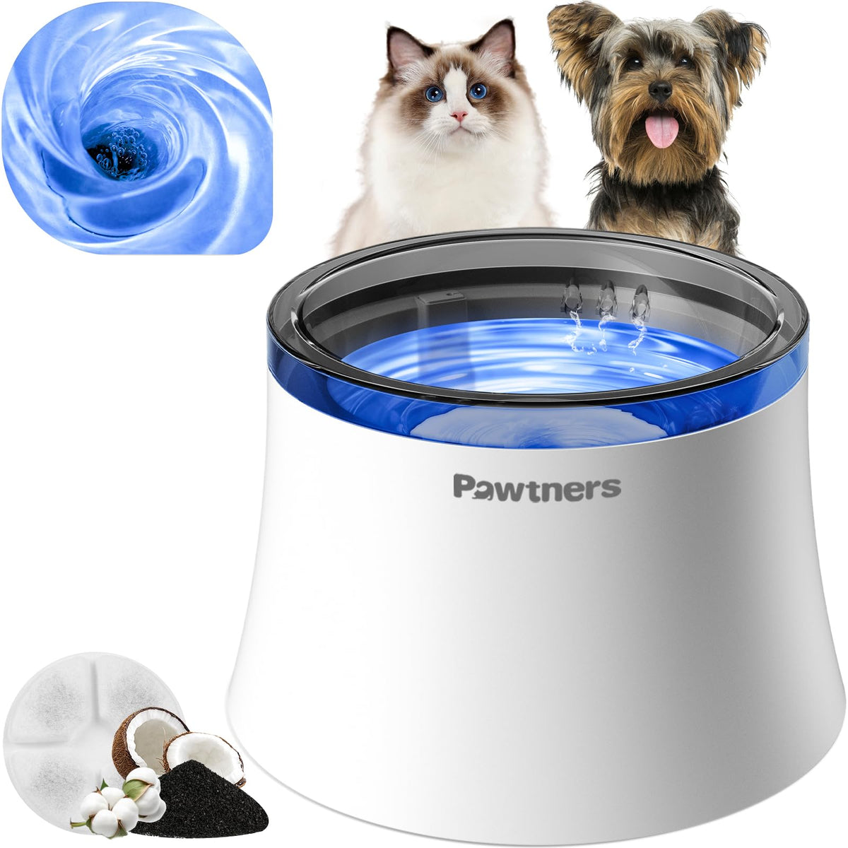 Pawtners dog-cat water fountain front view shows compact 1 gallon reservoir for easy hydration.