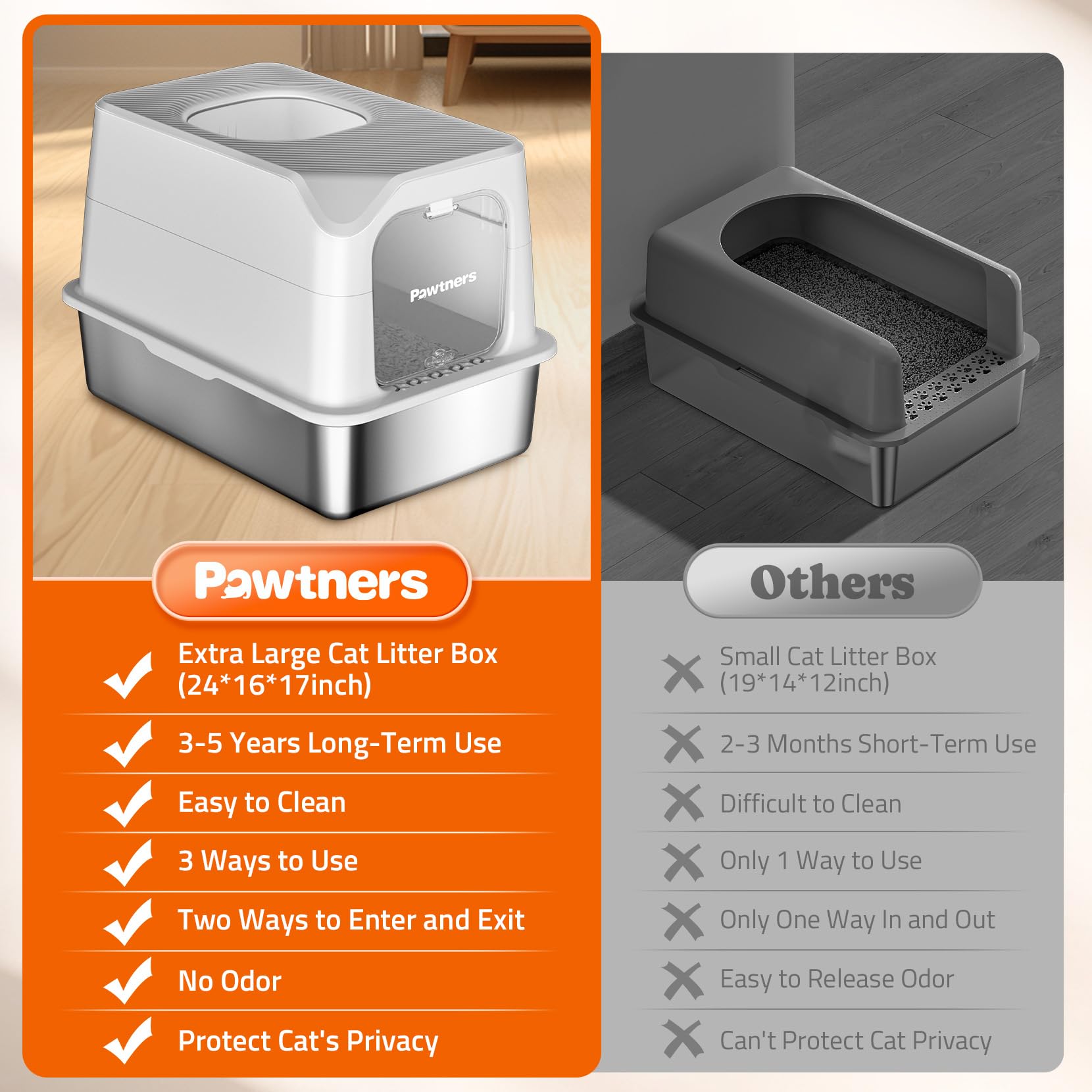 Pawtners enclosed/open design supports odor control and flexible use.