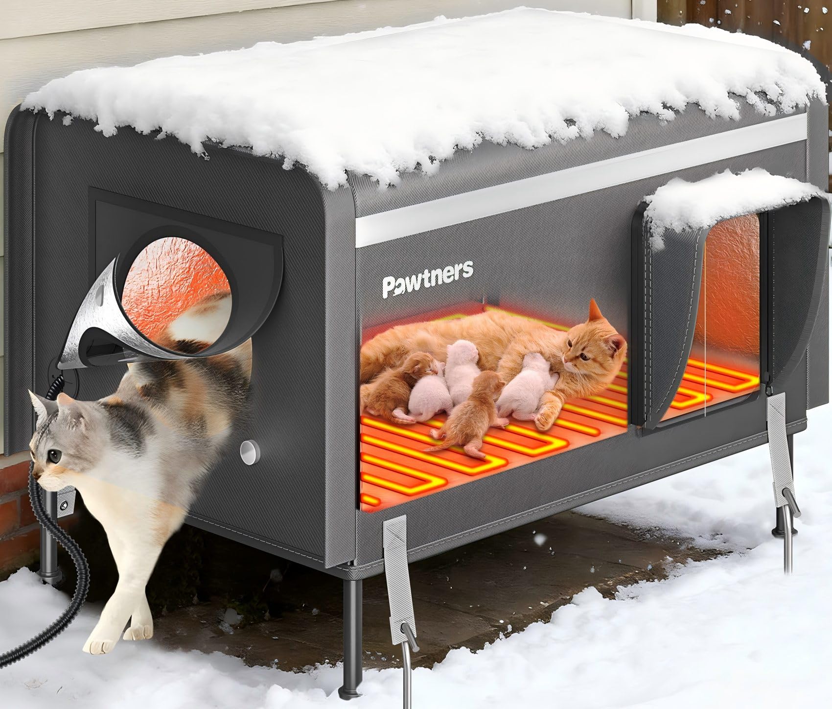 Pawtners heated outdoor cat house 26 xl showing warm interior and winter-ready design.