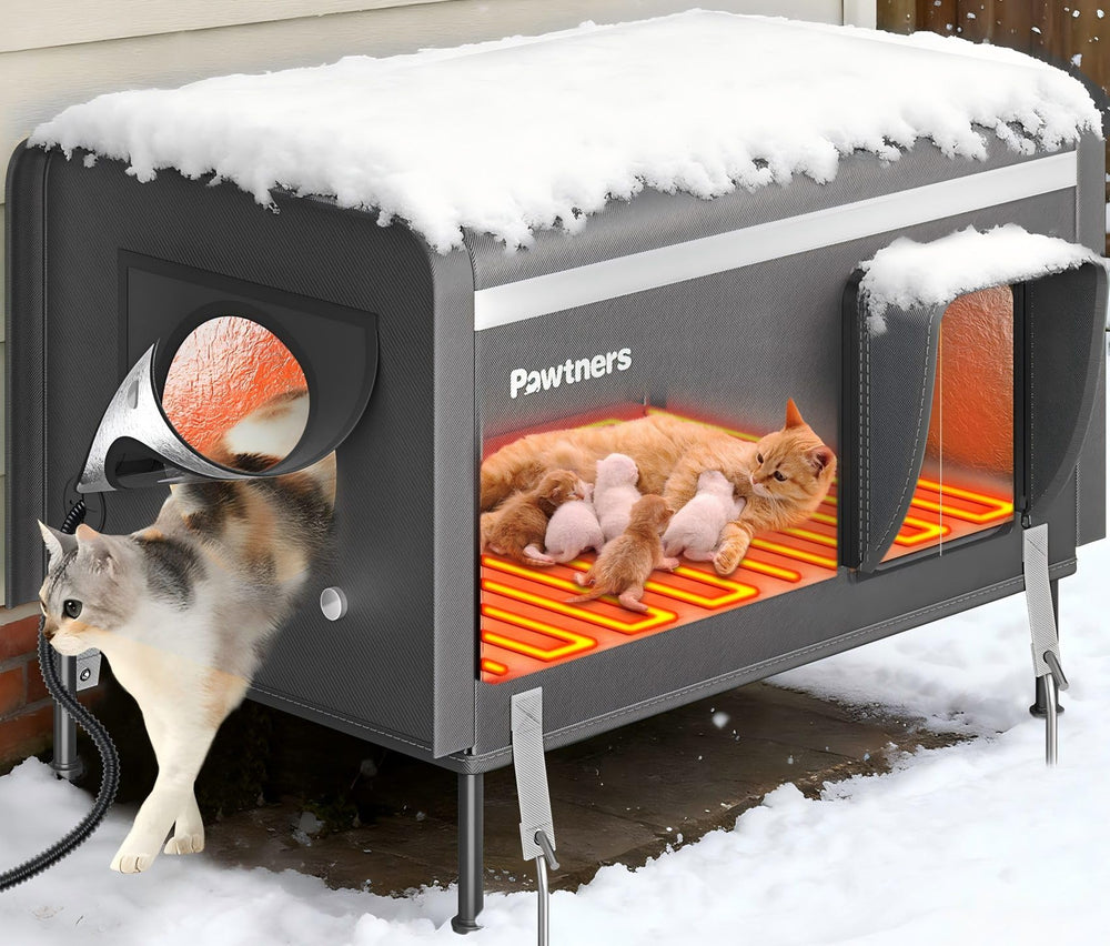 Pawtners heated outdoor cat house 26 xl showing warm interior and winter-ready design.