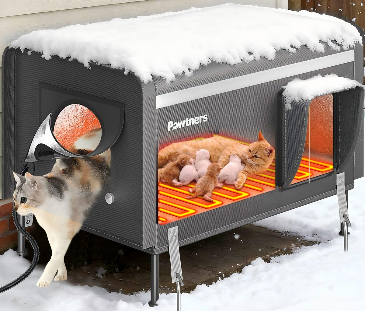 Pawtners heated outdoor cat house 26 xl showing warm interior and winter-ready design.