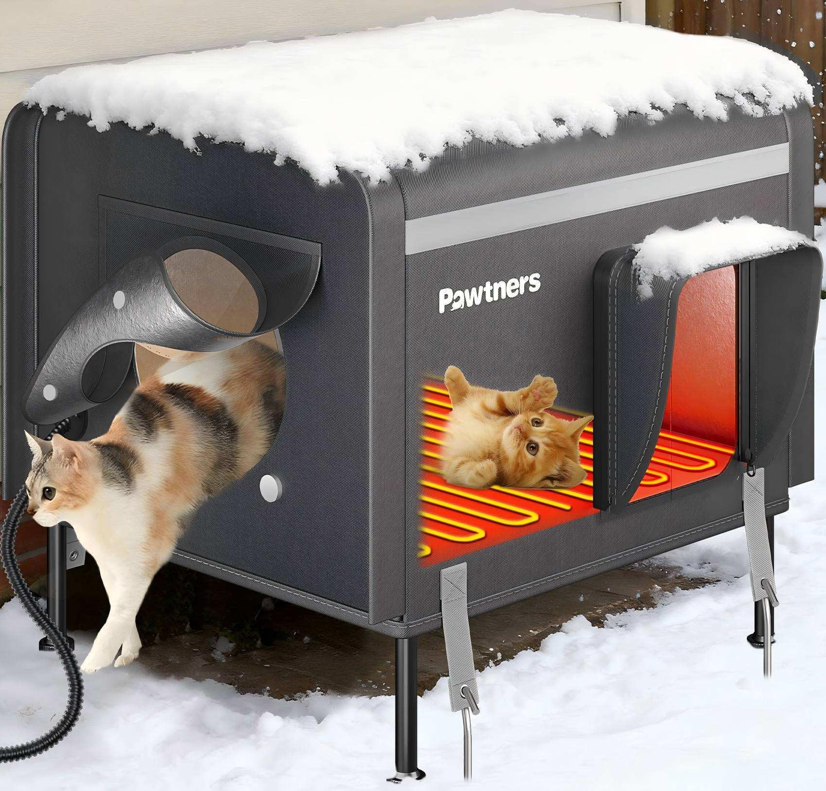 Pawtners heated outdoor cat house exterior provides shelter and warmth for feral cats in winter.