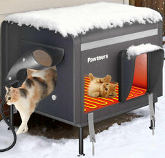 Pawtners heated outdoor cat house exterior provides shelter and warmth for feral cats in winter.