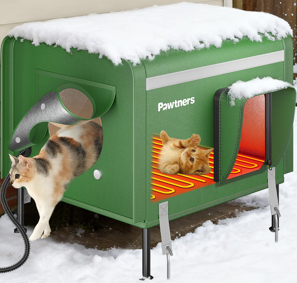 Pawtners heated outdoor cat house interior view shows warm shelter for feral cats during winter.