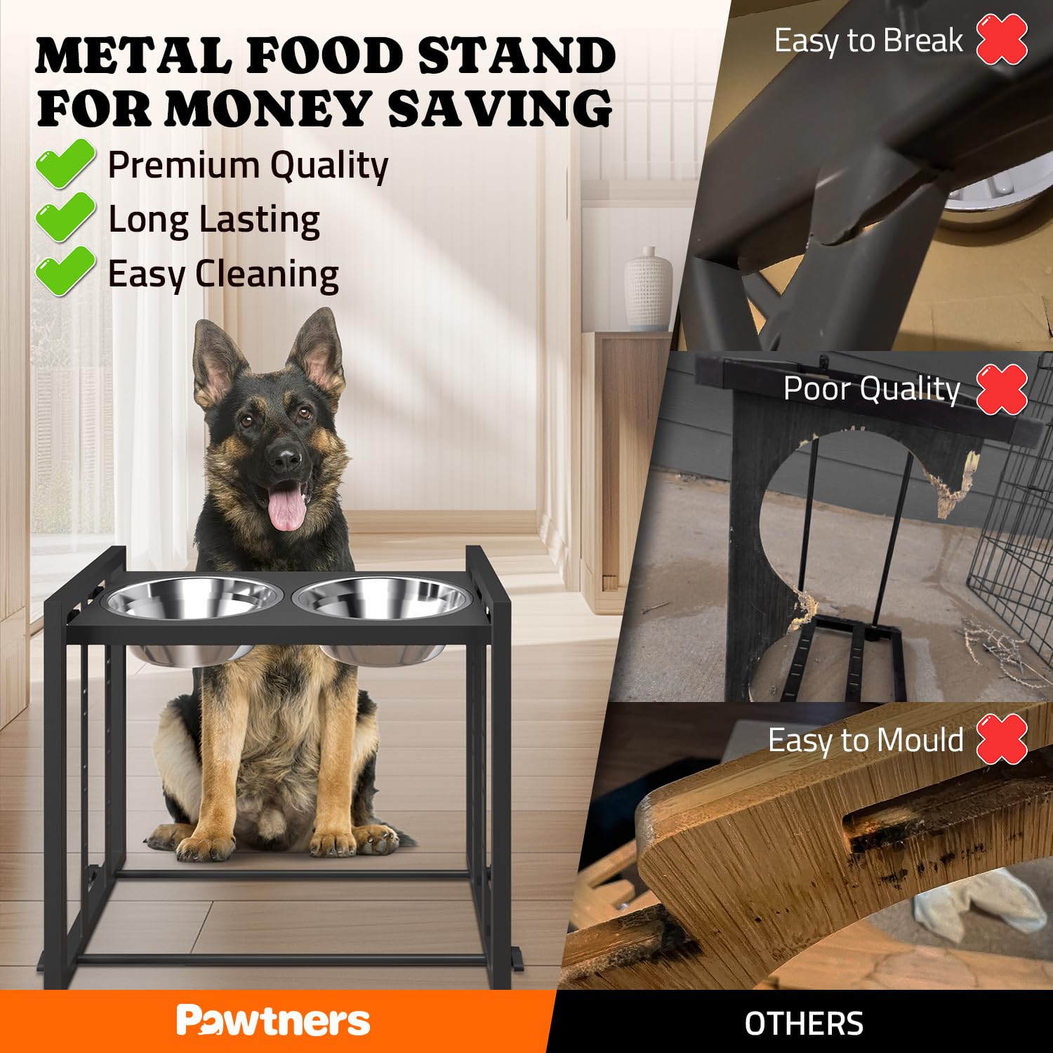 Pawtners height-adjustable settings customize feeding height for comfort.