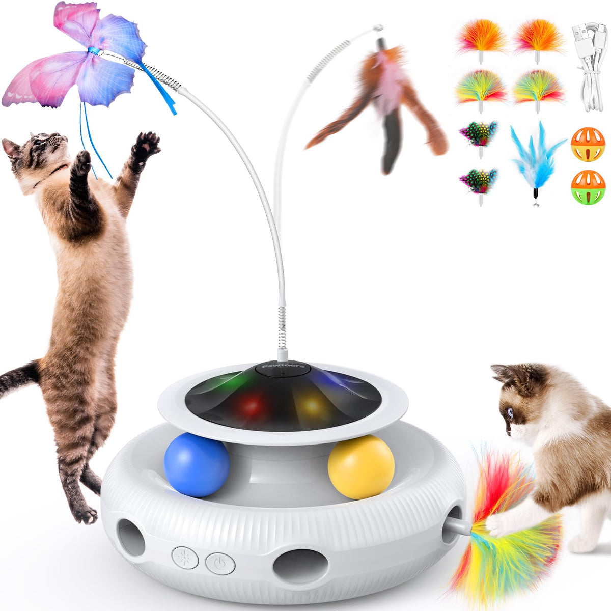 Pawtners Interactive Cat Toy butterfly: fluttering motion boosts active play and hunting instincts.
