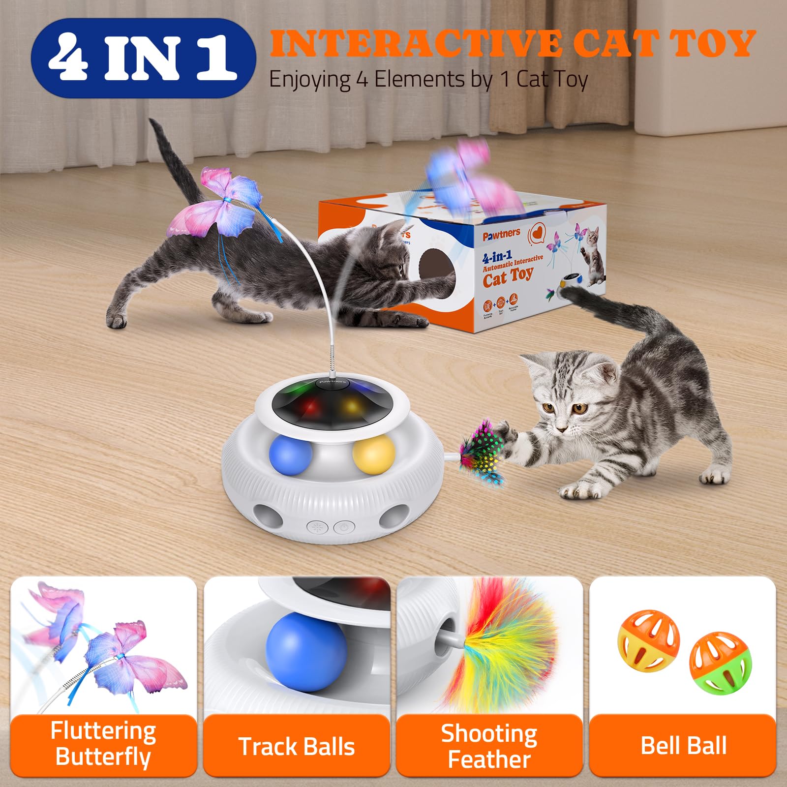 Pawtners Interactive Cat Toy LED neon lights: top LEDs illuminate playtime and attract attention.