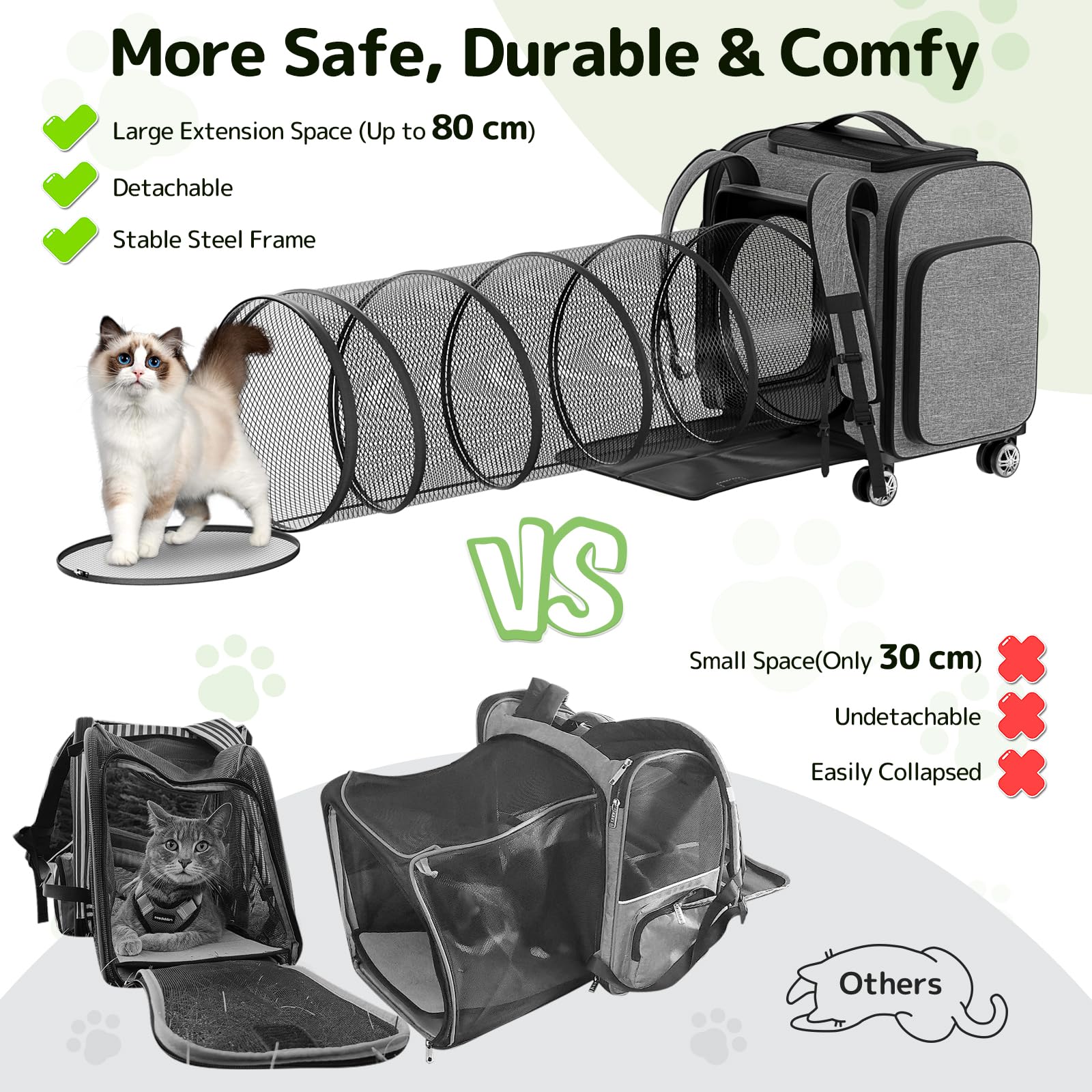 Pawtners rolling cat carrier wheels extendable tunnel shows extra space for pets.