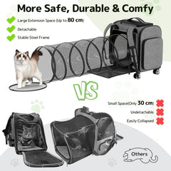 Pawtners rolling cat carrier wheels extendable tunnel shows extra space for pets.