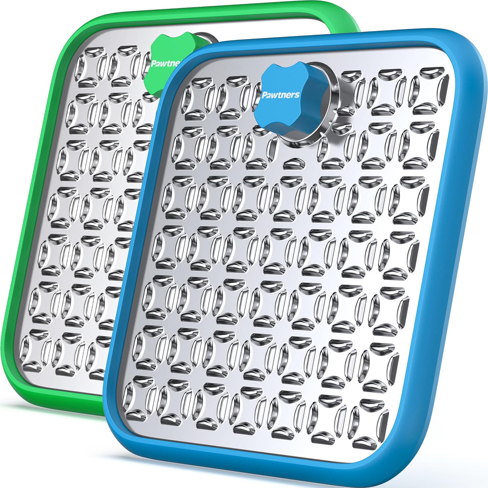 Pawtners stainless-steel large lick mat for dogs on crate—durable slow-feeding surface.