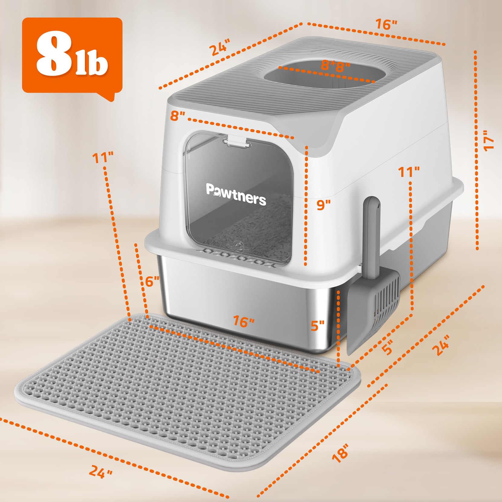Pawtners stainless-steel litter box high-sides image underlines containment of litter and odors.