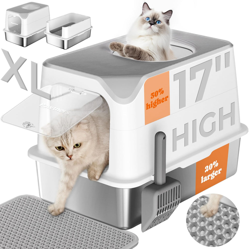 Pawtners stainless-steel litter box front entry shows easy access with odor-control design.