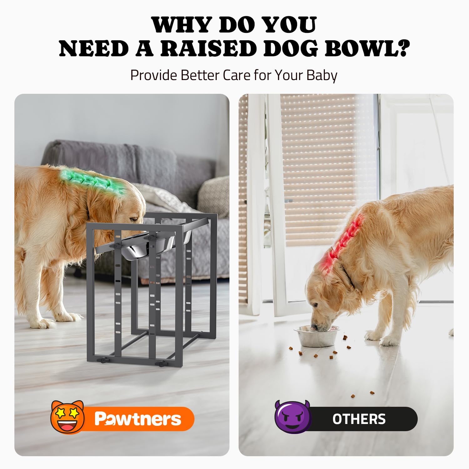 Pawtners all-metal construction dog bowl stand ensures rust-resistant durability for daily use.