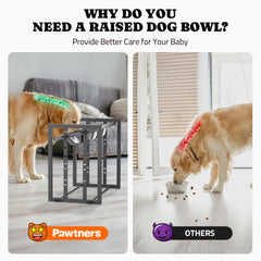 Pawtners all-metal construction dog bowl stand ensures rust-resistant durability for daily use.