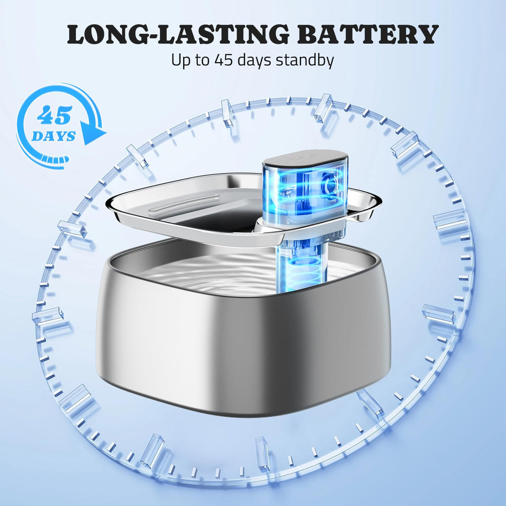 Pawtners water fountain battery compartment, cordless convenience for trips.
