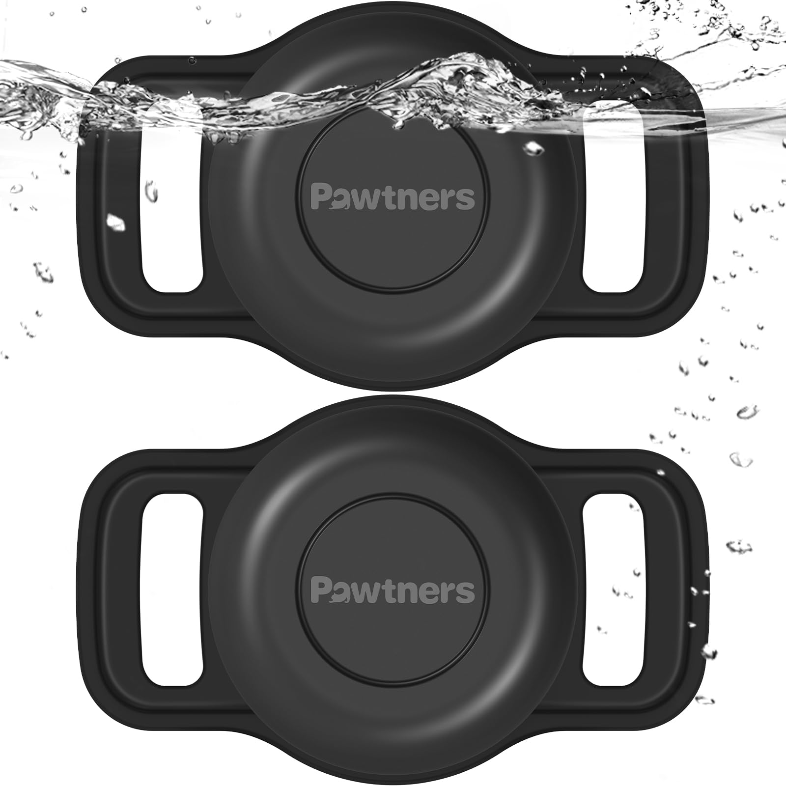 Pawtners waterproof AirTag dog collar holder front view shows secure attachment for active pets.