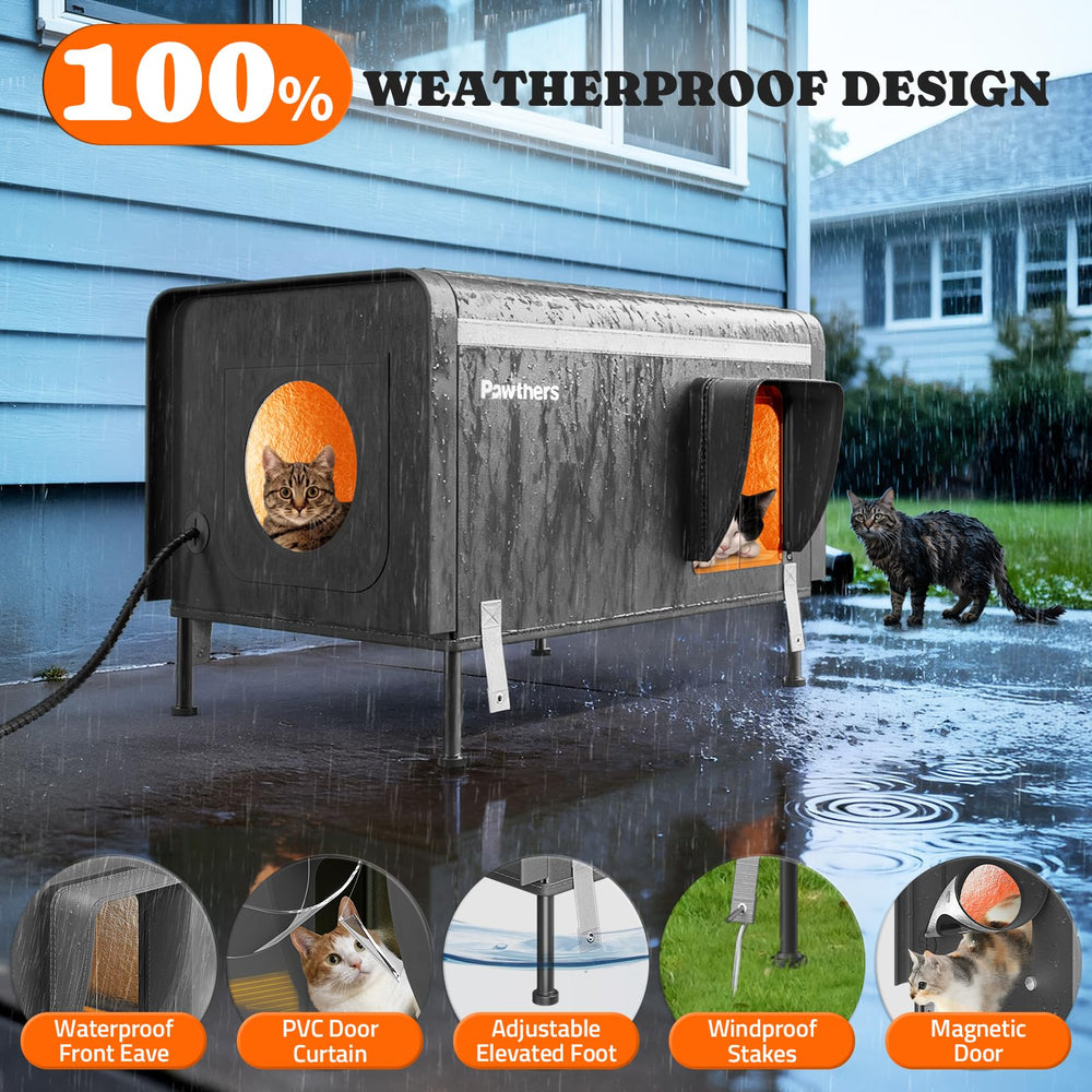 Pawtners weatherproof cat shelter with waterproof cover keeps rain out.