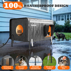Pawtners weatherproof cat shelter with waterproof cover keeps rain out.
