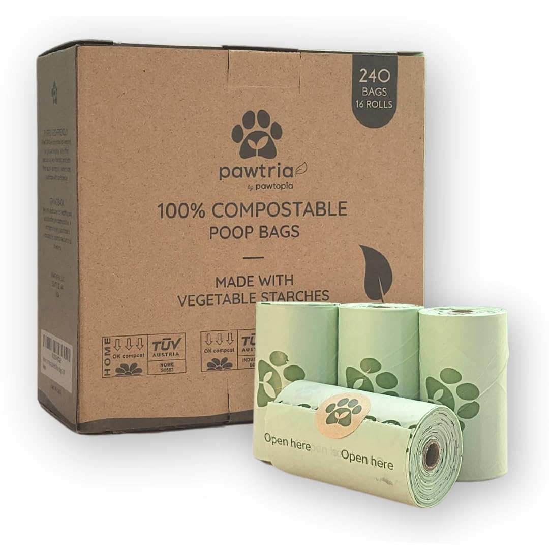 Pawtopia Pawtria 240-pack box shows home compostable bags and recyclable packaging