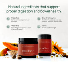 pawTree Gastro Pro Plus label close-up emphasizing prebiotics, probiotics and enzymes for gut health.