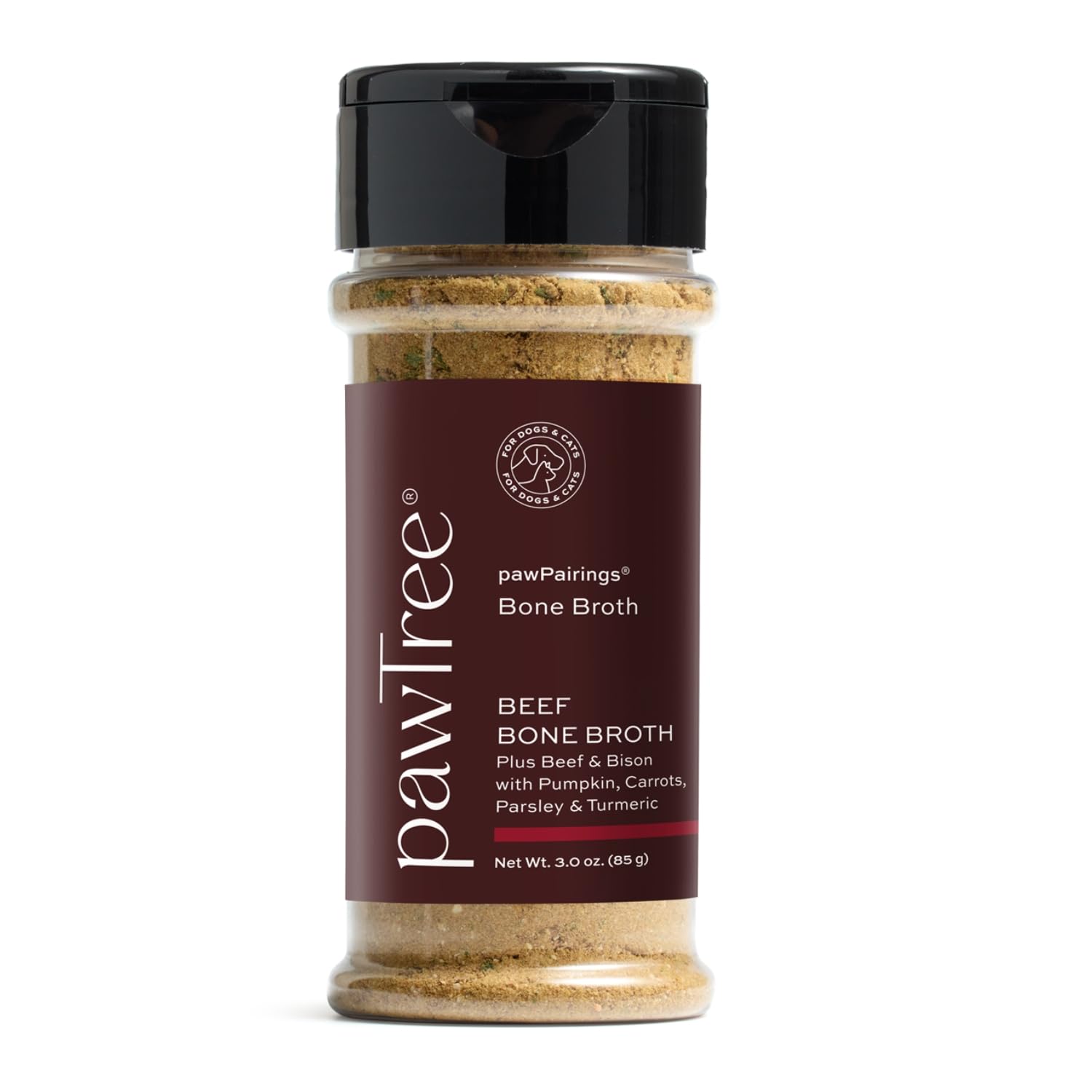 pawTree pawPairings beef bone broth powder bottle enhances meals with savory protein.