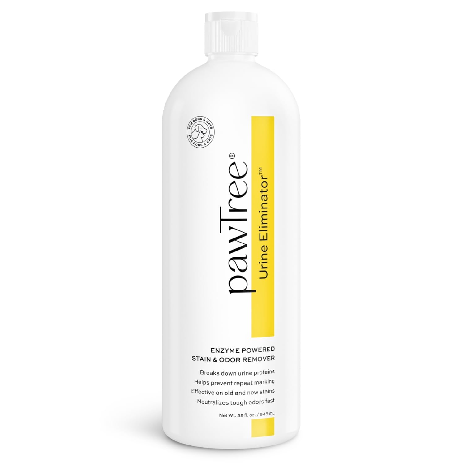 pawTree Urine Eliminator bottle pour demonstrates enzymatic stain removal.