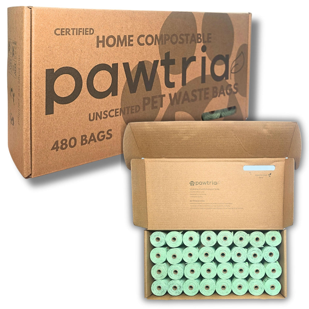 Pawtria biodegradable poop bags pack demonstrates eco-friendly waste disposal on walks