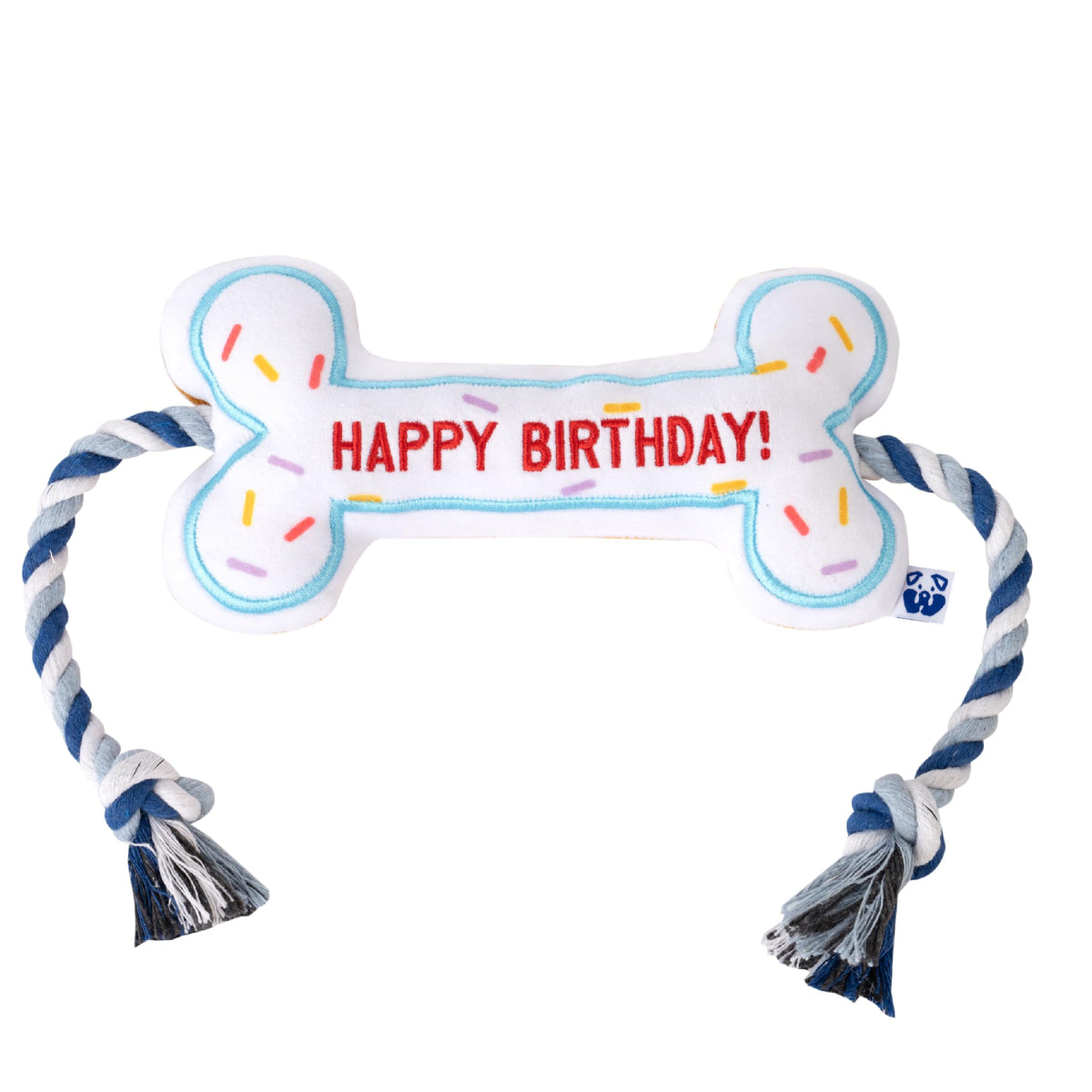 Pawty Birthday Bone toy front view white for safe chewing and playful fetch sessions
