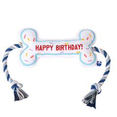 Pawty Birthday Bone toy front view white for safe chewing and playful fetch sessions