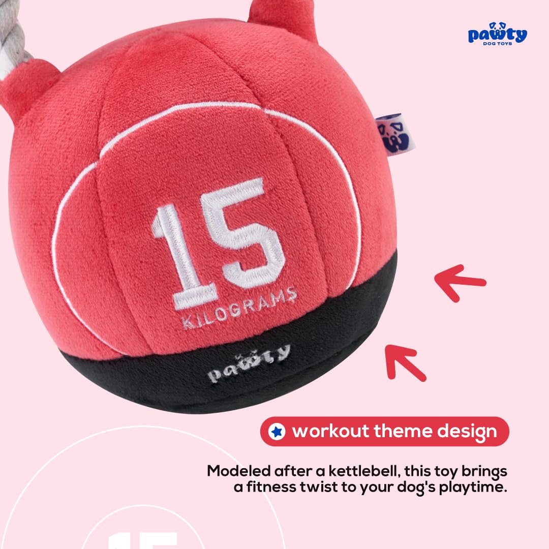 Pawty Dog Toys kettlebell plush in-use for fetch, delivering engaging exercise.