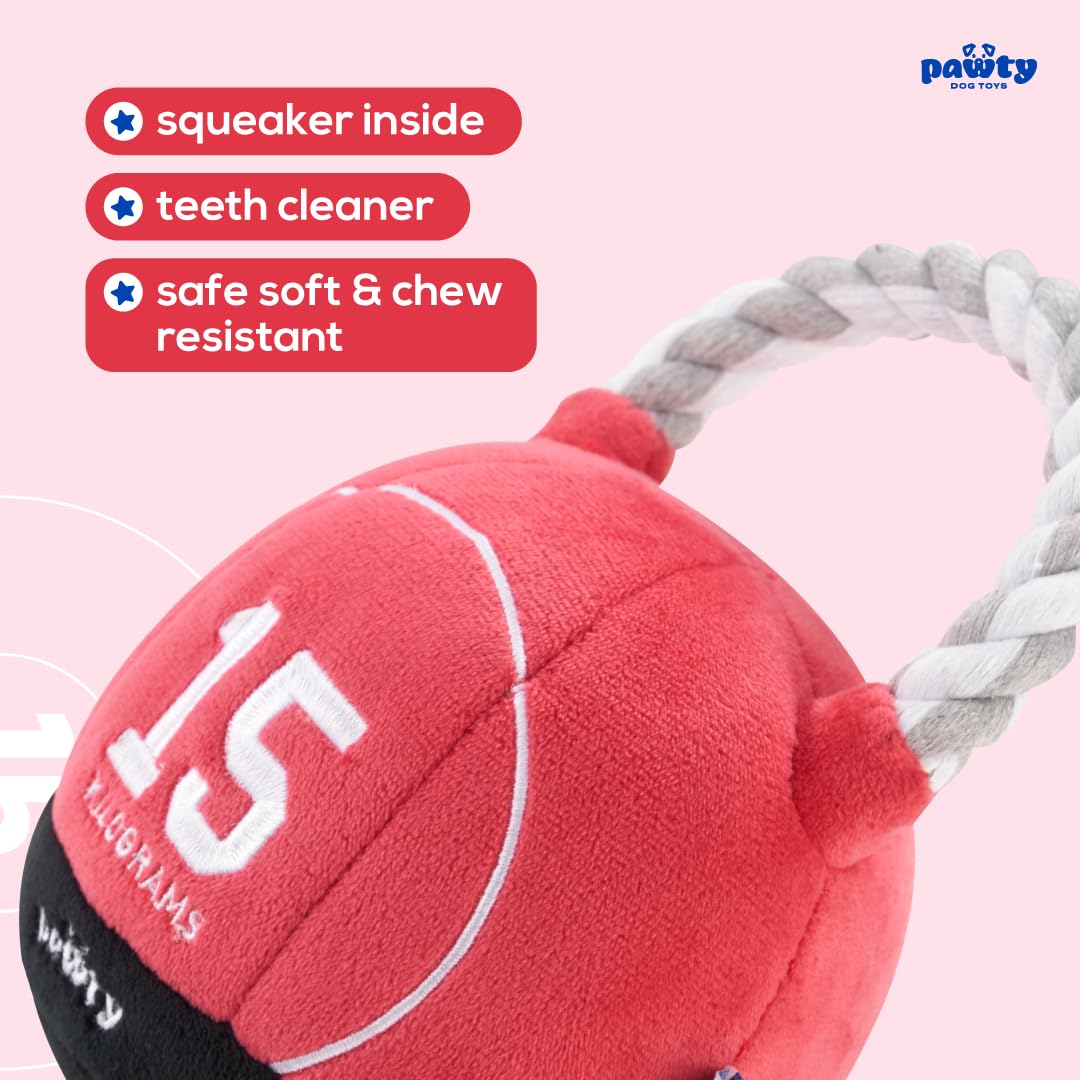 Pawty Dog Toys kettlebell plush side view, built for fetch and tug sessions.