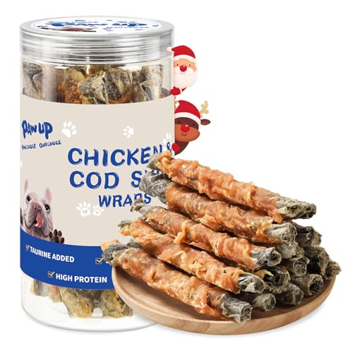 PAWUP chicken-wrapped-cod-skins-packaging highlights a rawhide-free treat for longer chewing sessions