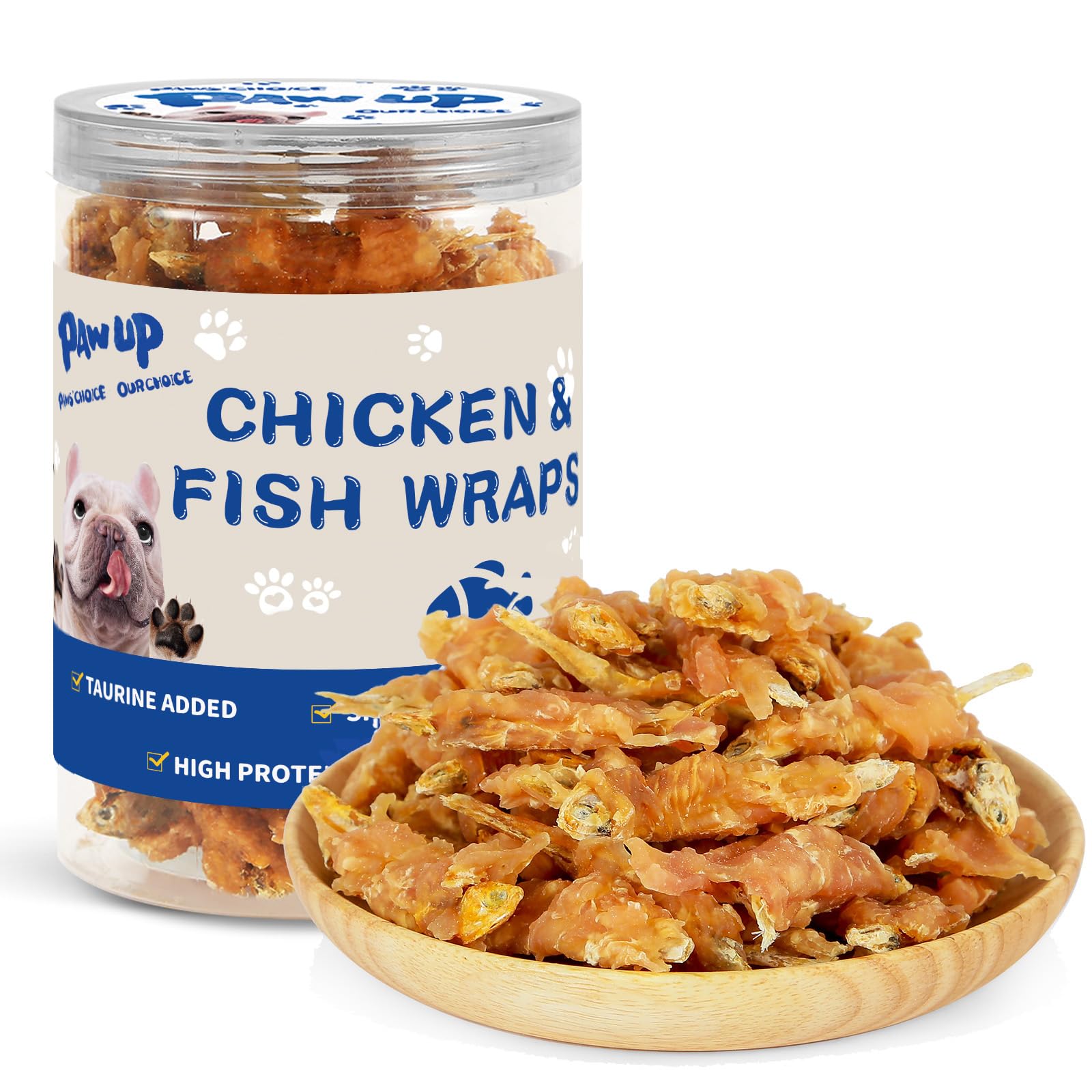 PAWUP chicken-wrapped-fish treats pack highlights high-protein snack with omega-3 for dogs.