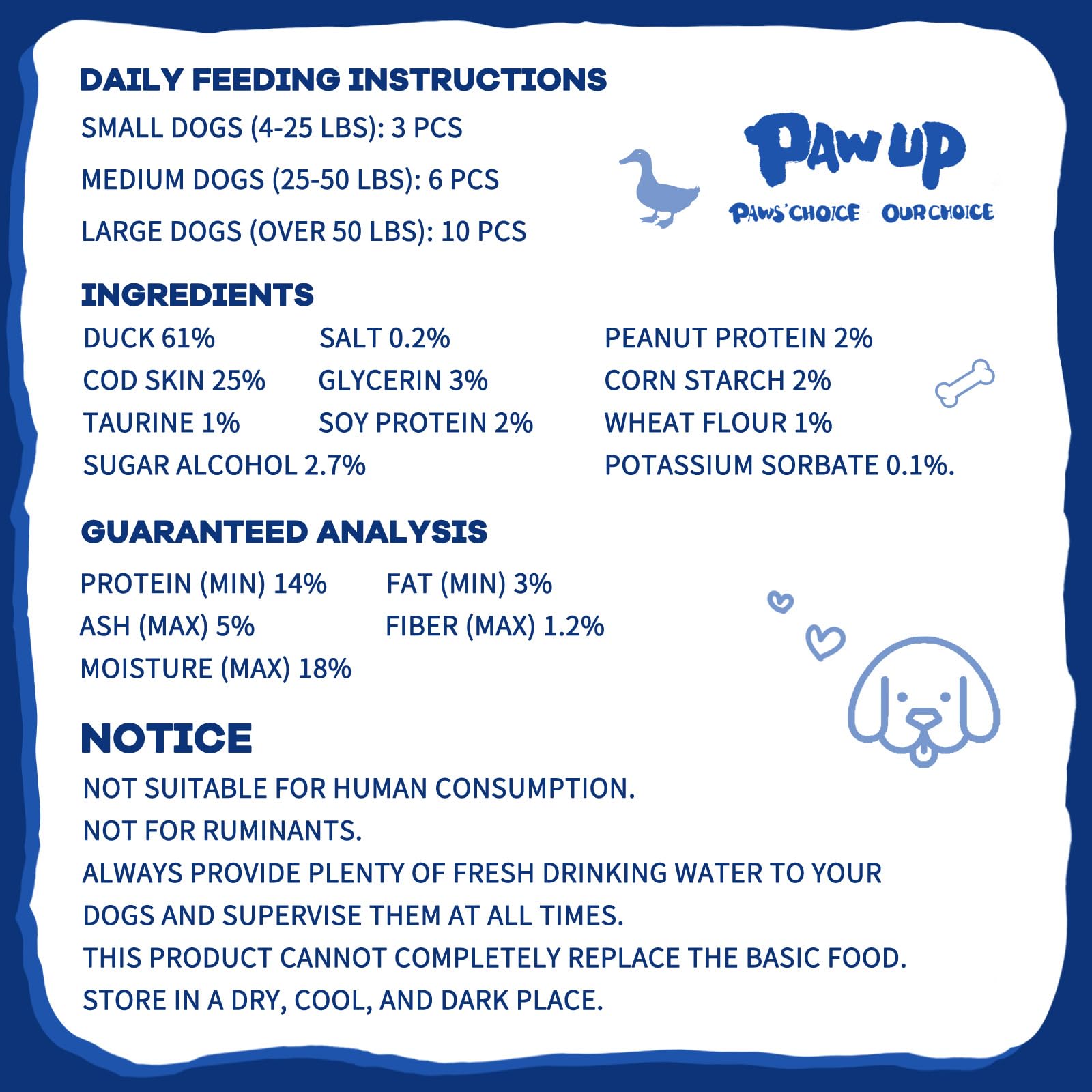 PAWUP Cod Skin Dog Treats dental-hygiene focus hints at plaque reduction and fresher breath.