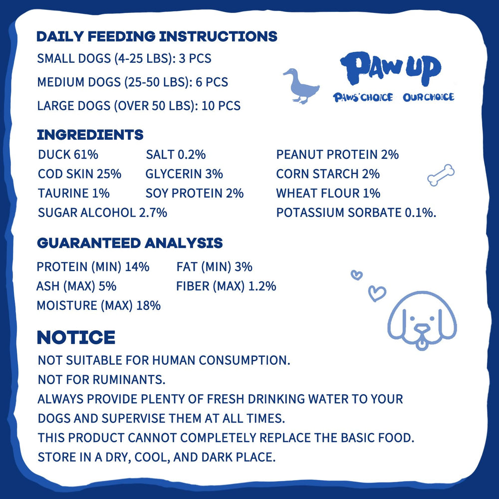 PAWUP Cod Skin Dog Treats dental-hygiene focus hints at plaque reduction and fresher breath.