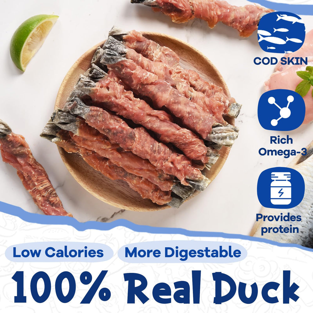 PAWUP Cod Skin Dog Treats omega-3 rich image suggests coat and skin support.