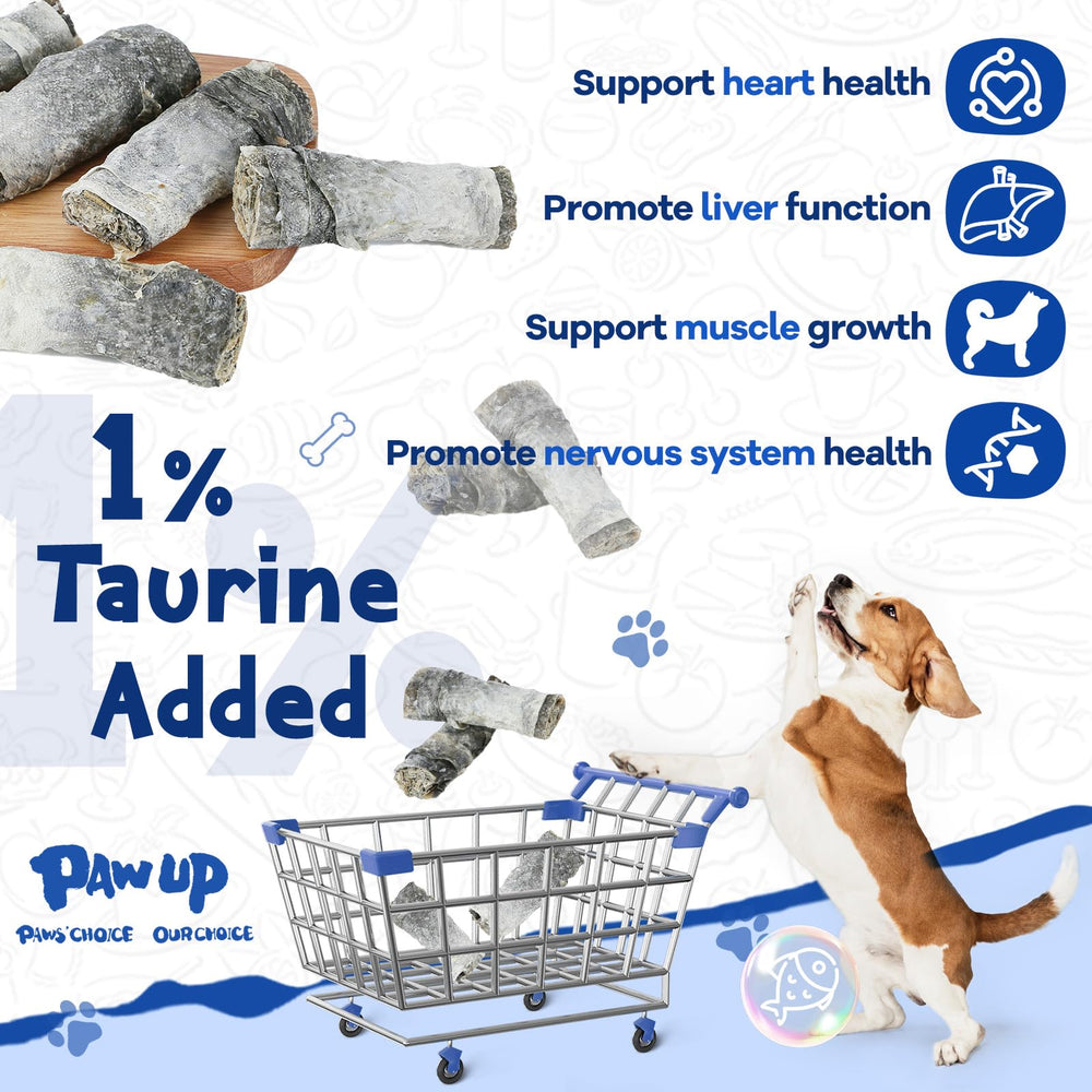 PAWUP Cod Skin Dog Treats in a bowl highlighting omega-3 rich snack