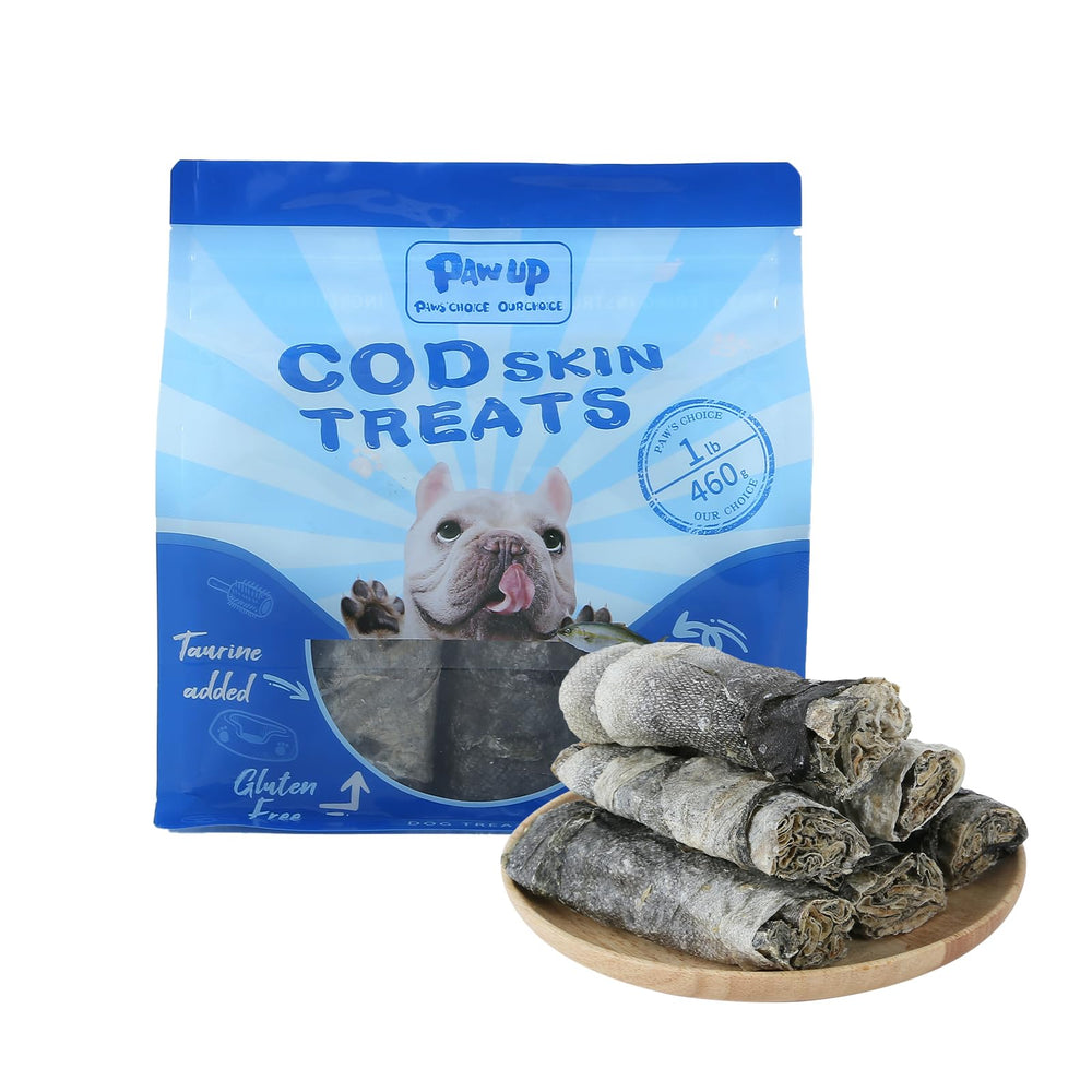 PAWUP Cod Skin Dog Treats packaging showing single-ingredient fish roll for healthy snacking