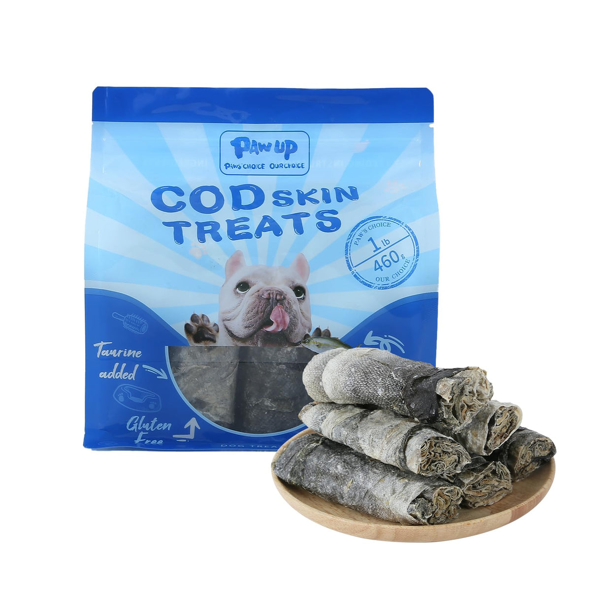 PAWUP Cod Skin Dog Treats packaging showing single-ingredient fish roll for healthy snacking