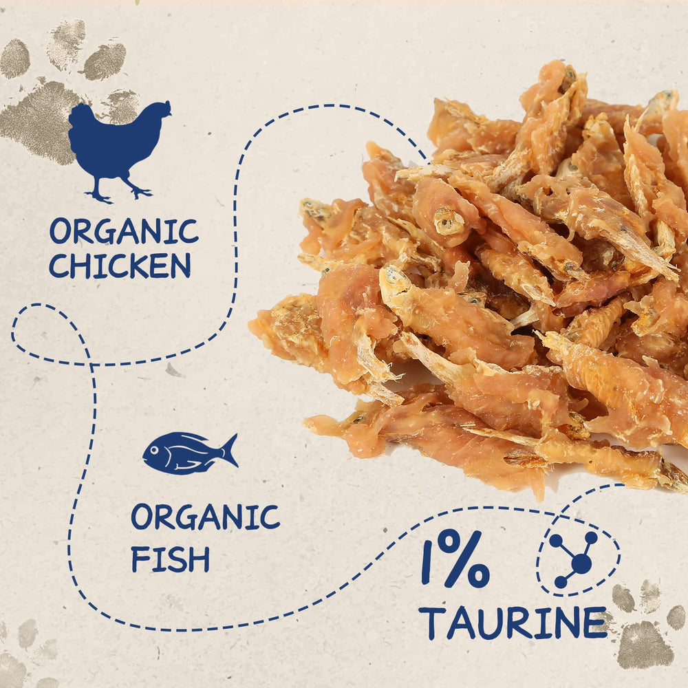 PAWUP dog treats ingredient panel photo highlights chicken and fish for balanced nutrition.