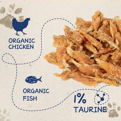 PAWUP dog treats ingredient panel photo highlights chicken and fish for balanced nutrition.