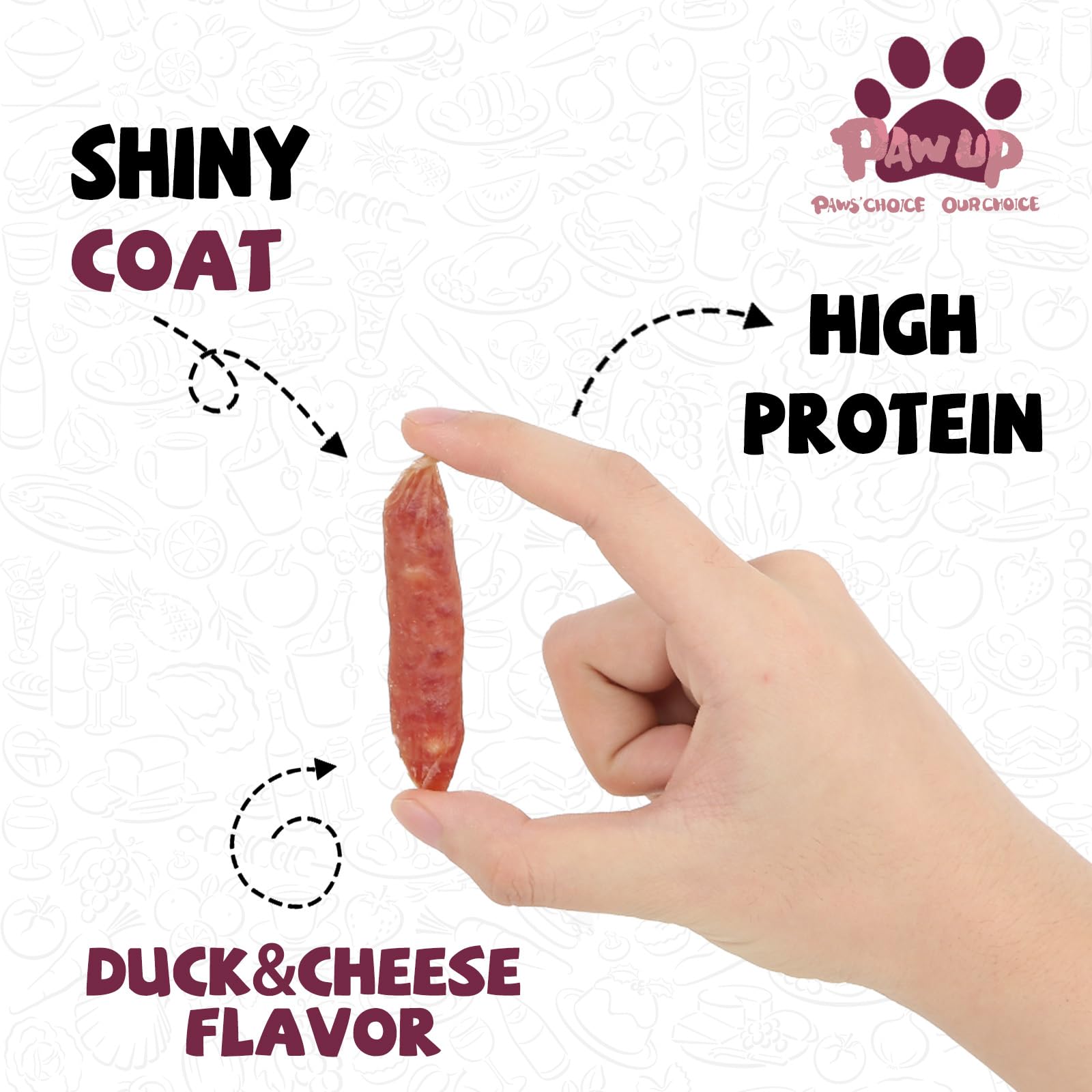 PAWUP Duck Cheese Sausage cut slices for easy chewing.