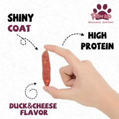 PAWUP Duck Cheese Sausage cut slices for easy chewing.