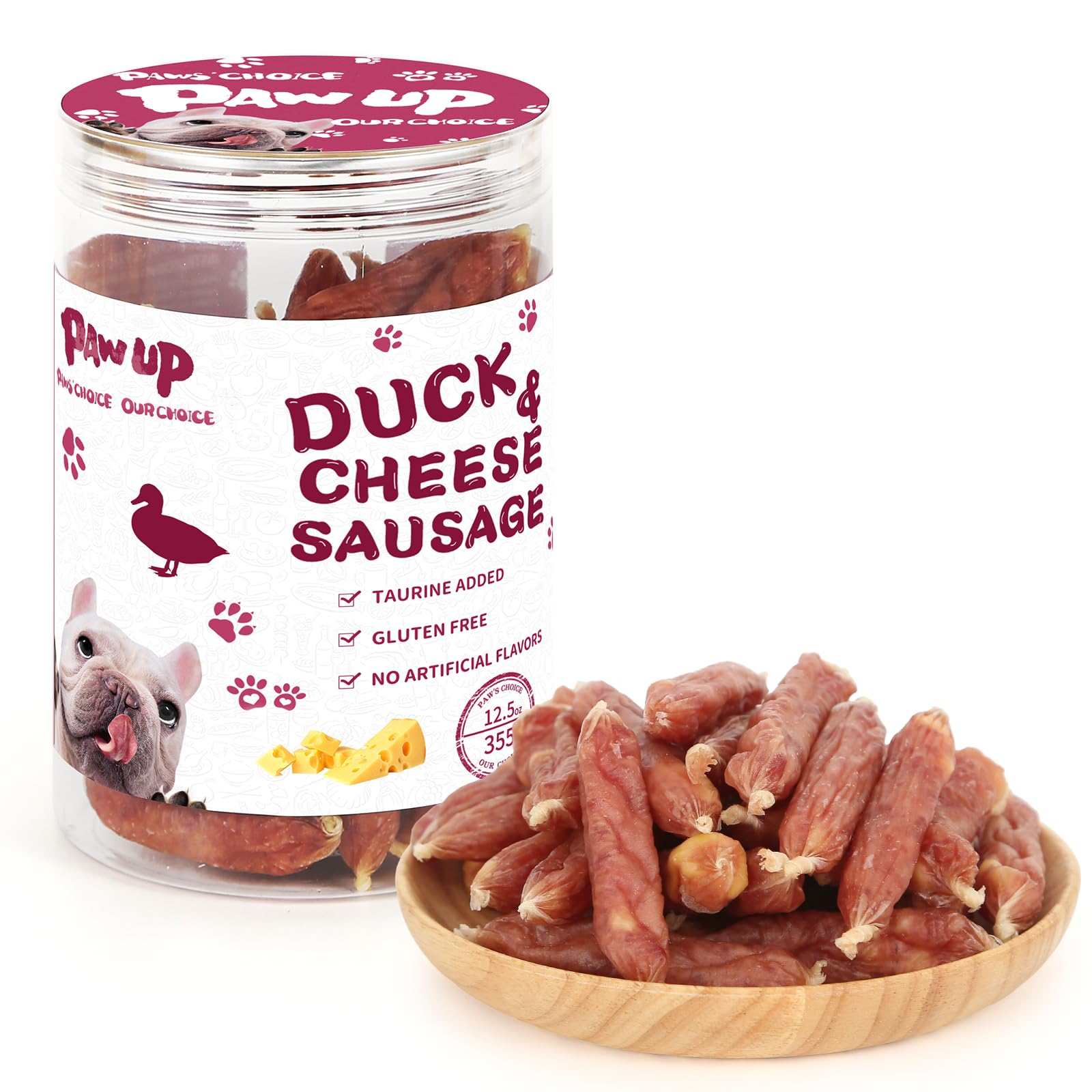 PAWUP Duck Cheese Sausage package—fresh, rawhide-free rewards for training.
