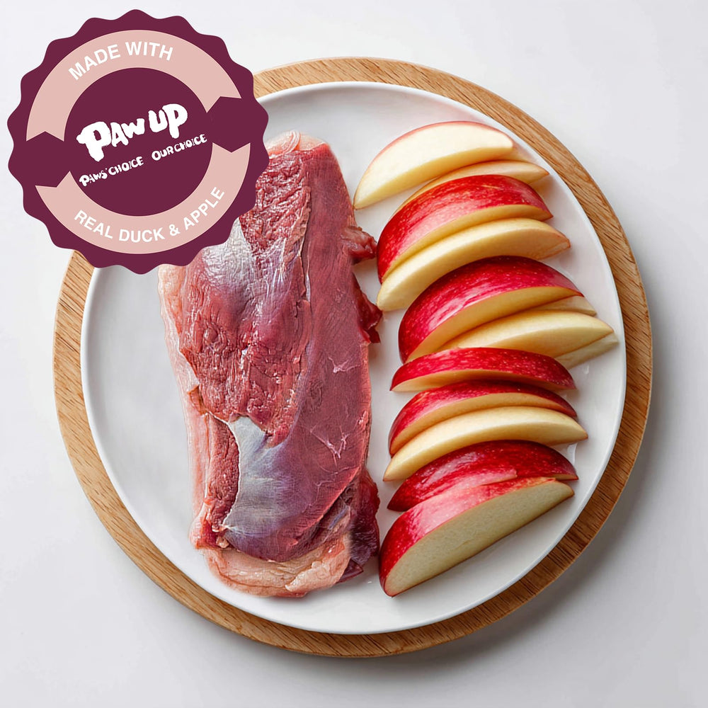 PAWUP Duck Jerky bite close-up shows soft texture and visible apple cubes.