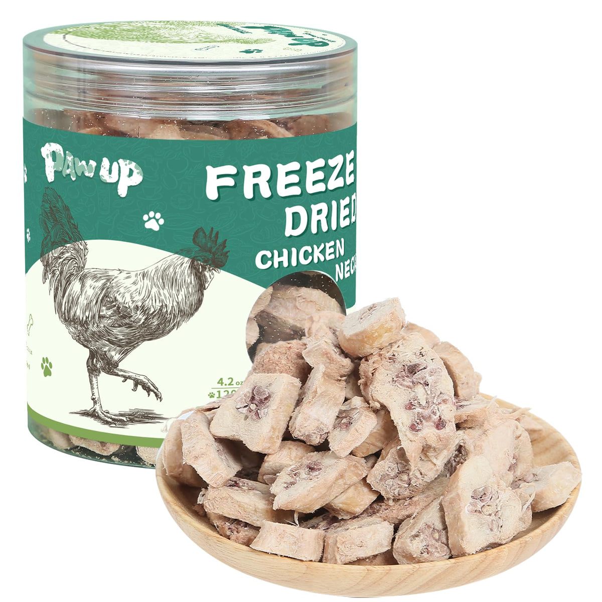 PAWUP freeze-dried chicken neck treat bag front showing protein-packed snack