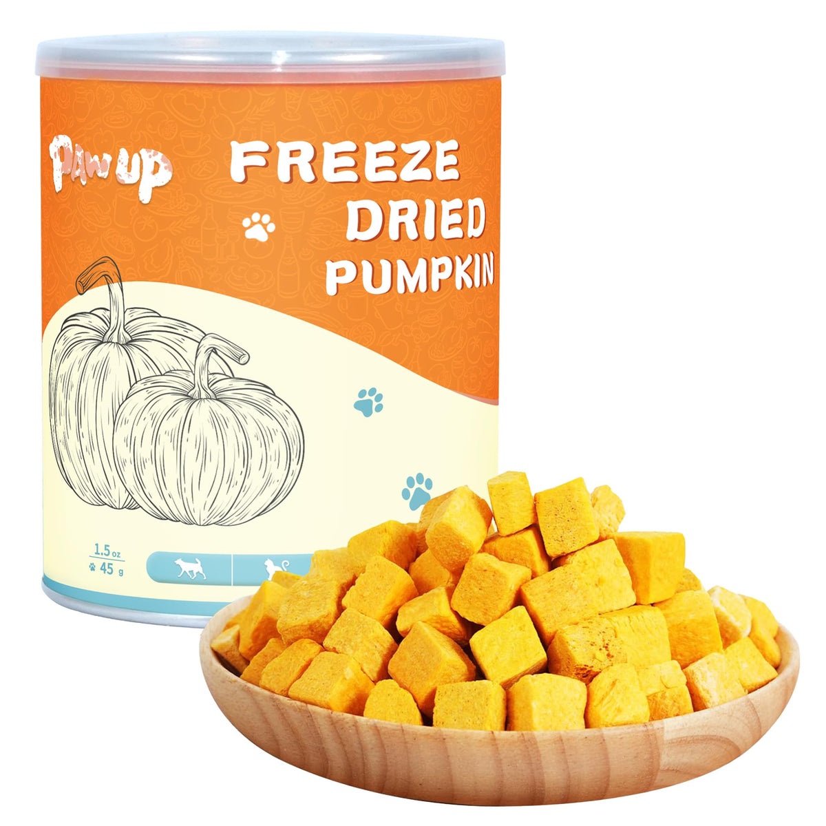 PAWUP Freeze-Dried Pumpkin Treats packaging close-up showing single-ingredient pumpkin for training rewards